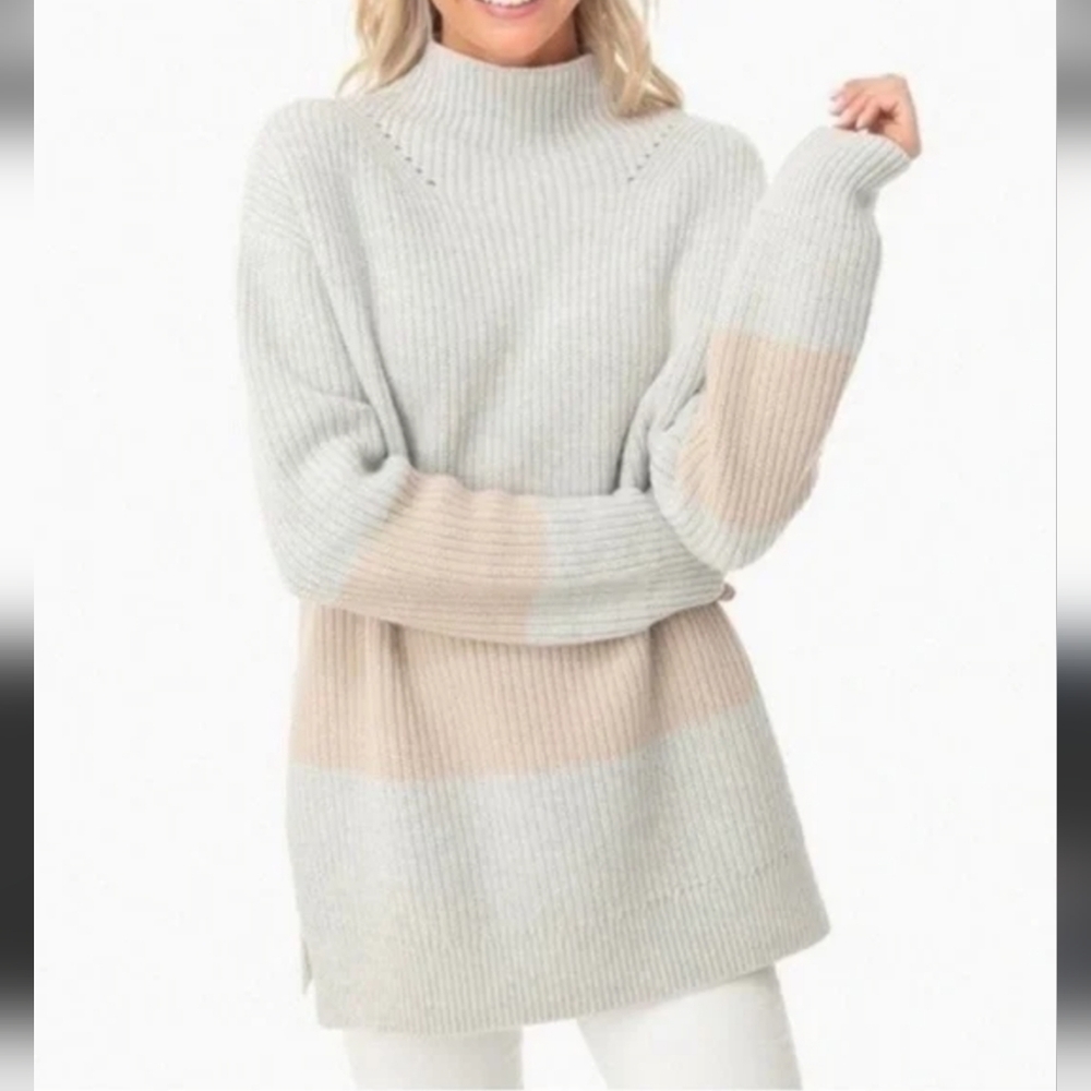 Tuckernuck Heather Broadway Striped Mock Neck Wool Cashmere Blend Sweater